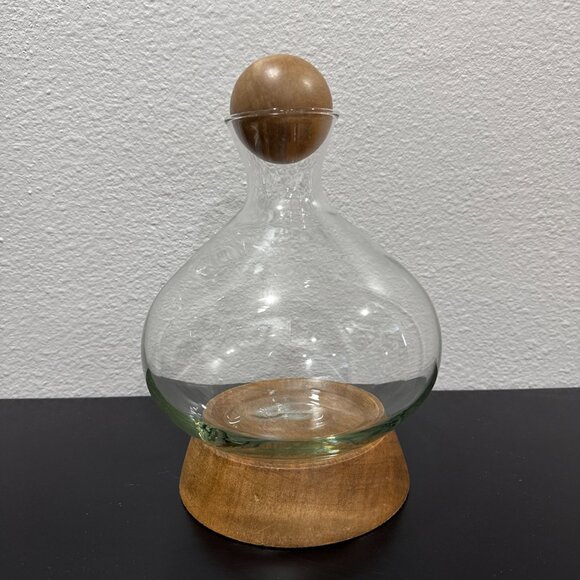 RARE Pottery Barn Vineyard Wine Decanter with Wood Base Rustic Glass Wine Carafe - Picture 2 of 4